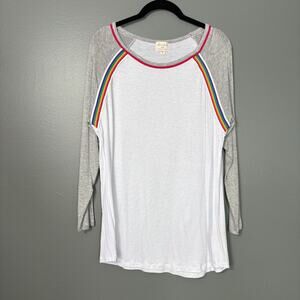 Ultra Flirt White Rainbow Trim Raglan Sleeve T-Shirt -  1X - Women's Plus Size